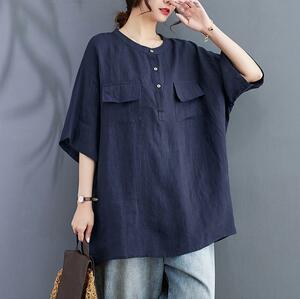 新入荷～ チュニック ロングシャツ レディース 夏 綿麻 半袖 大きいサイズ ゆるシルエット 無地 ～灰～紺