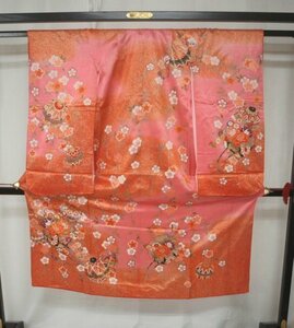 貸衣装処分品　七歳女児七五三　351　着物　ピンク　花車・手毬【中古】〈レターパック不可〉