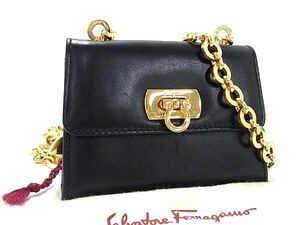 1円 ■美品■ Salvatore Ferragamo フェラガモ 214771 ガンチーニ レザー ショルダーバッグ ミニバッグ ブラック系×ゴールド系 FD9544