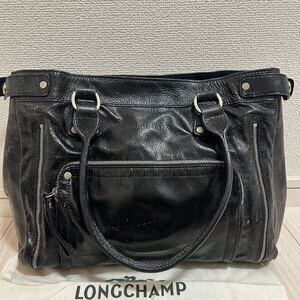 LONGCHAMP ロンシャン レディース 肩掛け ハンドバッグ トートバッグ 黒色 ブラック レザー ビニール ジャンク品 訳あり 高級 ブランド