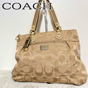 美品COACH コーチセミショルダーバッグトートバッグベージュシグネチャー総柄