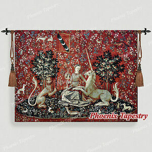 西洋美術「視覚」貴婦人と一角獣（ユニコーン）中世アート美しいジャガード織り壁掛けタペストリー 壁装飾輸入品