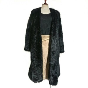 即決価格！！【ZUCCa★ズッカ】ノーカラー衿無し フェイクファーコート Faux Fur Coat 毛皮ブラック黒サイズS