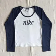 00s　NIKE　短丈ラグラン　L/S ピチTシャツ　両面ロゴ　裾スウッシュ　S