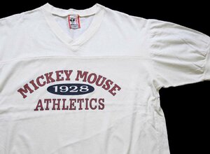 ★90s USA製 Disneyディズニー MICKEY MOUSE 1928 ATHLETICS ミッキー マウス コットン アスレチックTシャツ 生成り L/XL★オールド キャラ