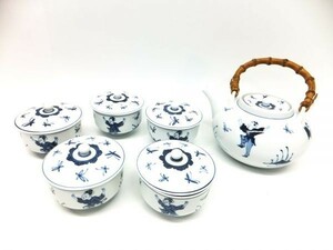 54▲a115☆昭和レトロ　中古品　ノリタケ　日陶印　手染付　茶器セット　急須　湯のみ×5　Noritake　訳あり　現状渡し▲