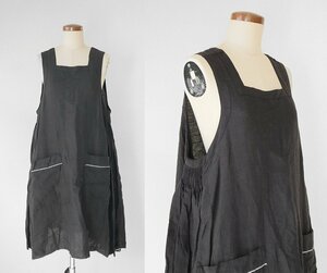 TOUJOURS ◆ リネン エプロンワンピース ギャザー ドレス 黒 トゥジュー ◆DF14