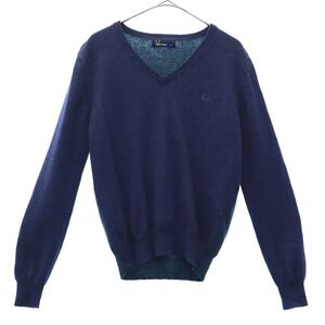 フレッドペリー 長袖 ウール Vネック セーター S ネイビー×グリーン FRED PERRY ニット レディース