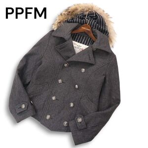 Y2K 00s★ PPFM ペイトンプレイス 秋冬 リアルファー★ 刻印ボタン フーディー ウール Pコート Sz.M　メンズ グレー　I4T03777_B#N