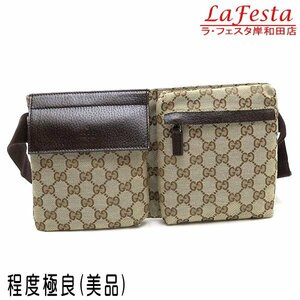 ◆ 本物 美品 ◆ GUCCI グッチ ウエストバッグ ウエストポーチ ボディバッグ ライトブラウン 茶 GG キャンバス ブラウン レザー 人気 28566