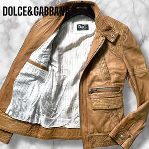 極上別格羊革!!! DOLCE&GABBANA レザージャケット 立体ステッチ ラムレザー ライダース ブラウン ブルゾン ドルチェ&ガッバーナ メンズ 44