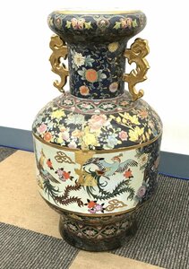 手渡し可 飾り壺 双耳 33×59×33cm 豪華 花鳥 陶器 花器 花瓶 装飾品 置物 大型 極彩色 金彩