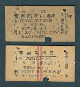 昭和３８年　　長野から東京都区内ゆき　屋代・熊谷経由　　Ａ型　１等　乗車券　／　Ａ型　１等　普通急行券　　２枚