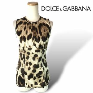 n205 良品 DOLCE&GABBANA シルク ノースリーブ ブラウス トップス ブラウス バックジッパー レオパード ヒョウ柄 38 イタリア製 正規品