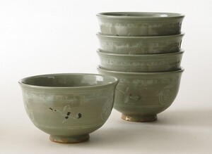 茶道具・茶器　抹茶茶碗　数茶碗　青磁　雲鶴　５客　京都　中村与平作、紙箱入　新品。