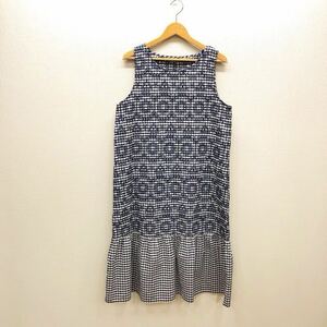 【ち051】ZARA BASIC 刺繍チェック柄ワンピース (USA)Lサイズ ネイビー ノースリーブ 膝下丈 薄地 ブランド古着 ザラベーシック 送料無料