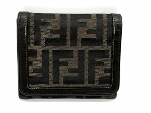 【G808】正規品 FENDI フェンディ ズッカ柄 ナイロンキャンバス×レザー 三つ折り 財布 ウォレット ミニ 本物保証