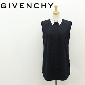 ◆GIVENCHY ジバンシィ ボタンダウン クレリックカラー コットン ノースリーブ シャツ ブラウス 黒 ブラック×ホワイト 36