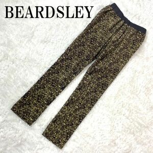 ビアズリー総柄コーデュロイストレッチパンツグリーンBEARDSLEY ウエストゴム ポケット有 マーブル模様 カーキ F B6456