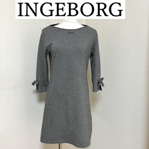 INGEBORG(インゲボルグ) ワンピース 膝丈 袖リボン アンゴラ混 千鳥 日本製