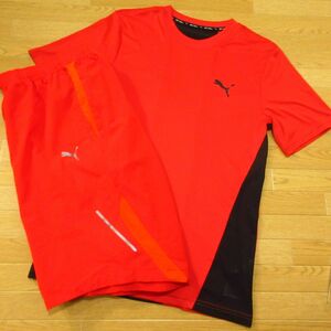 ◎使用少なめ！PUMA プーマ M-L 上下セット！サッカー◆ジャージ / 半袖 Tシャツ&ハーフ ショートパンツ 速乾！◆メンズ 赤◆BA0380