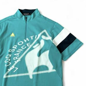 美品 le coq sportif GOLF ルコック 吸汗速乾 軽量 ビッグロゴ プリント ハーフジップ 半袖 プルオーバー シャツ L メンズ 春夏 ゴルフ