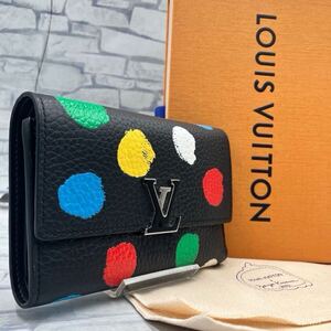 【美品】LOUIS VUITTON ルイヴィトン 三つ折り財布 ポルトフォイユ カプシーヌ コンパクト 草間彌生 コラボ トリヨンレザー ブラック 黒