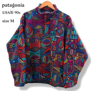 極美品 90s USA製 patagonia PRINTED SYNCHILLA SNAP-T PULLOVERABORIGINE パタゴニア ハーフボタン フリース シンチラ アボリジニ 総柄 M