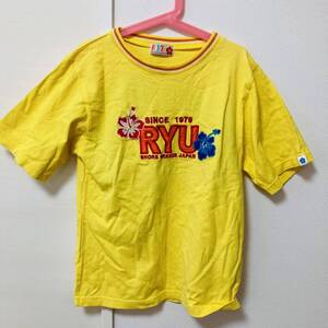 【希少】RYU 半袖Tシャツ 刺繍デザイン　ビッグデザイン　丸首Tシャツ フラワー　ハイビスカス　イエロー　Mサイズ　ユニセックス