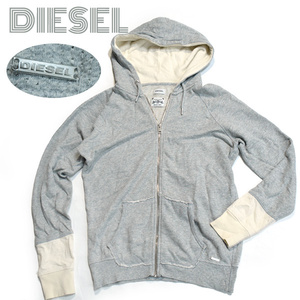 DIESEL■ロゴプレート付き ジップパーカー ジャケット フーディ ブルゾン グレー バイカラー　パイル　メンズM　ディーゼル 