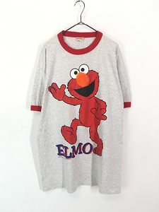 レディース 古着 90s USA製 SESAME STREET エルモ キャラクター リンガー Tシャツ ワンピース ひざ丈 XL位 古着