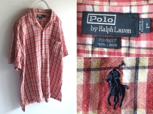 希少 90sビンテージ Polo by Ralph Lauren ラルフローレン FORREST ポロポニーロゴ刺繍 オープンカラーシャツ 開襟 チェックリネンシャツ L