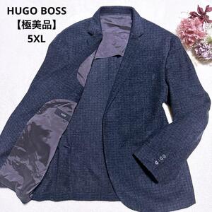 極美品【至高の逸品】HUGO BOSS ヒューゴボス 5XL テーラードジャケット 総柄 大きいサイズ ツイード 起毛 背抜き アクリル ウール メンズ