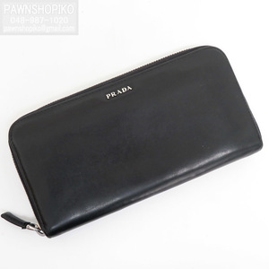 プラダ PRADA レザー ラウンドファスナー長財布 ブラック 黒 中古 [質イコー]