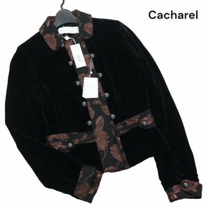 【新品 未使用】 Cacharel キャシャレル 秋冬 和花柄 切替♪ ベロア ジャケット Sz.36　レディース 黒　K4T00045_1#N