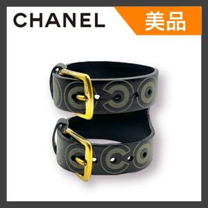 【美品】CHANEL シャネル COCO 01A ココマーク バングル レザー 黒