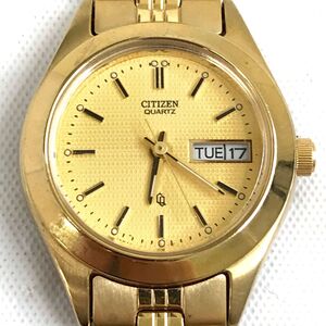 美品 CITIZEN シチズン CQ 腕時計 6000-S96435 クオーツ アナログ ラウンド ゴールド カレンダー シンプル 電池交換済み 動作確認済み