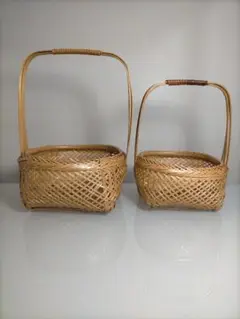 竹細工　竹籠　花器　手つきカゴ　バスケット　かご　中・中　2点セット　伝統工芸品