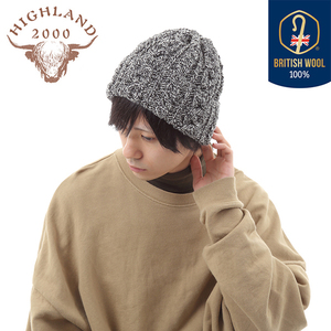 HIGHLAND 2000 ハイランド ケーブル ニットキャップ ブリティッシュウール ブラック×ホワイト British Wool Bob Cap MADE IN UK 英国製