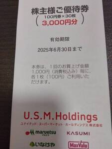 ユナイテッドスーパーマーケット USMH 株主優待 マルエツ マックスバリュ関東 3000円分 2025年6月30日まで　普通郵便送料無料