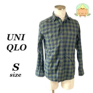 Ｋ0197 ユニクロUNIQLO【S長袖　シャツ　チェック　ネイビー　イエロー　Ｋ0197