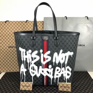 未使用品 グッチ×バレンシアガ GUCCI BALENCIAGA トートバッグ 680127 グラフィティ ハッカープロジェクト 黒 コラボ キャンバス×レザー