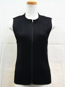 中古【ISSEY MIYAKE イッセイミヤケ】PLEATS PLEASE プリーツプリーズ ノースリーブベスト トップス ダブルジップ 両サイドポケット 濃茶