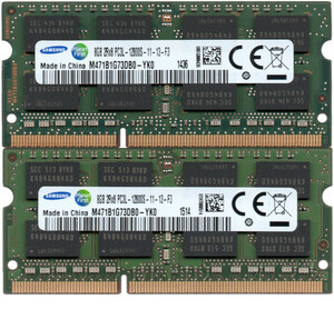 【DDR3 8GBx2枚 合計16GB ノートPC用】＜動作確認済＞SAMSUNG 低電圧 1.35V DDR3L-1600 (PC3L-12800S) M471B1G73DB0-YK0 2枚【中古】H167