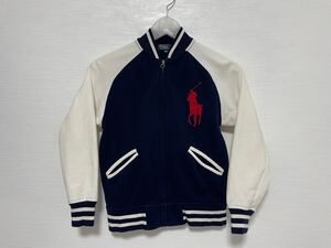 used◆サイズ　140◆シミ有　ラルフローレン　キッズ　RALPH LAUREN ラグラン袖　スタジアムジャンバー◆紺×白