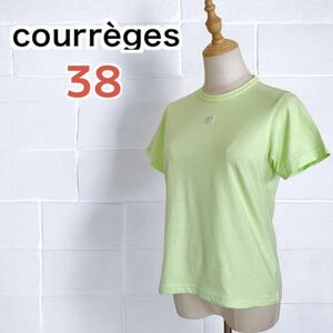 【少し訳あり】Courregesクレージュ レディース ロゴワッペン 無地Tシャツ ライトグリーン Mサイズ