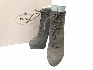 (D) PRADA プラダ スエード レザー ショートブーツ 37 グレージュ