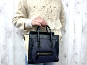 美品 CELINE セリーヌ ラゲージ ナノ ハンドバッグ バッグ レザー 黒×紺×クリーム 80013