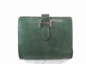 1円　エルメス　HERMES　ベアコンパクト　★　 リザード 二つ折り財布　★　深いグリーン　シルバー金具　HA41 