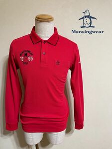 【美品】 Munsingwear golf マンシングウェア ゴルフ ウェア 鹿の子 ポロシャツ 胸ポケット トップス サイズL 長袖 赤 MGMOJB05 デサント